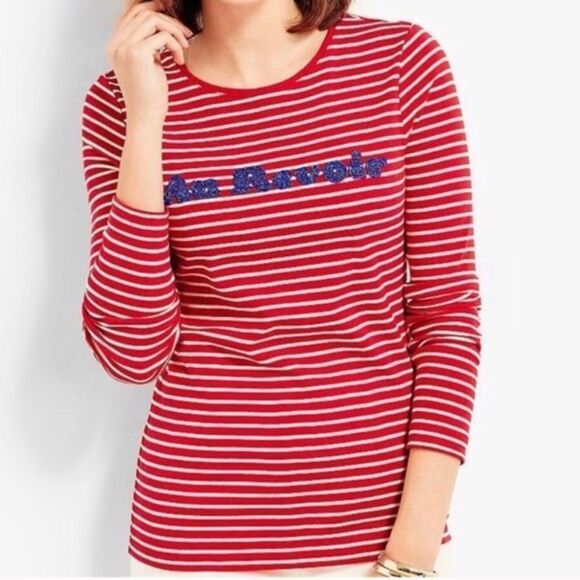 Talbots Striped Beaded Au Revoir Long Sleeve Tee - Picture 1 of 7